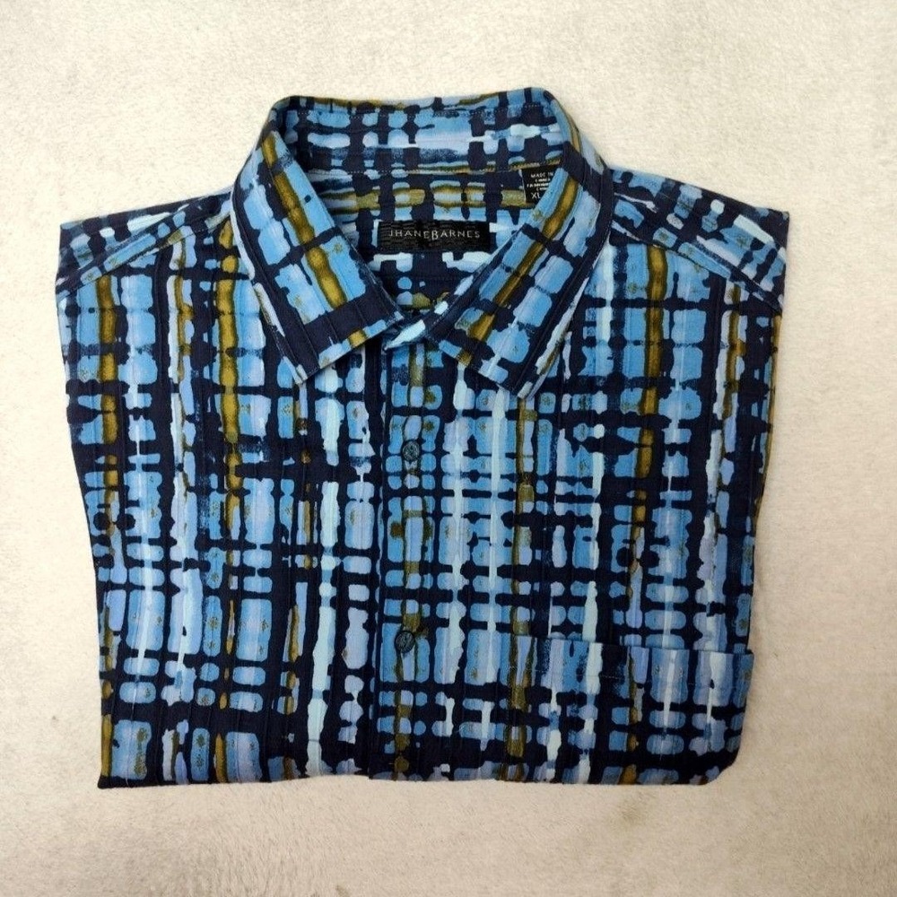 Jhane Barnes Shirt Mens XL Blue Graphic Button-Up Jersey Stretch Summer Casual